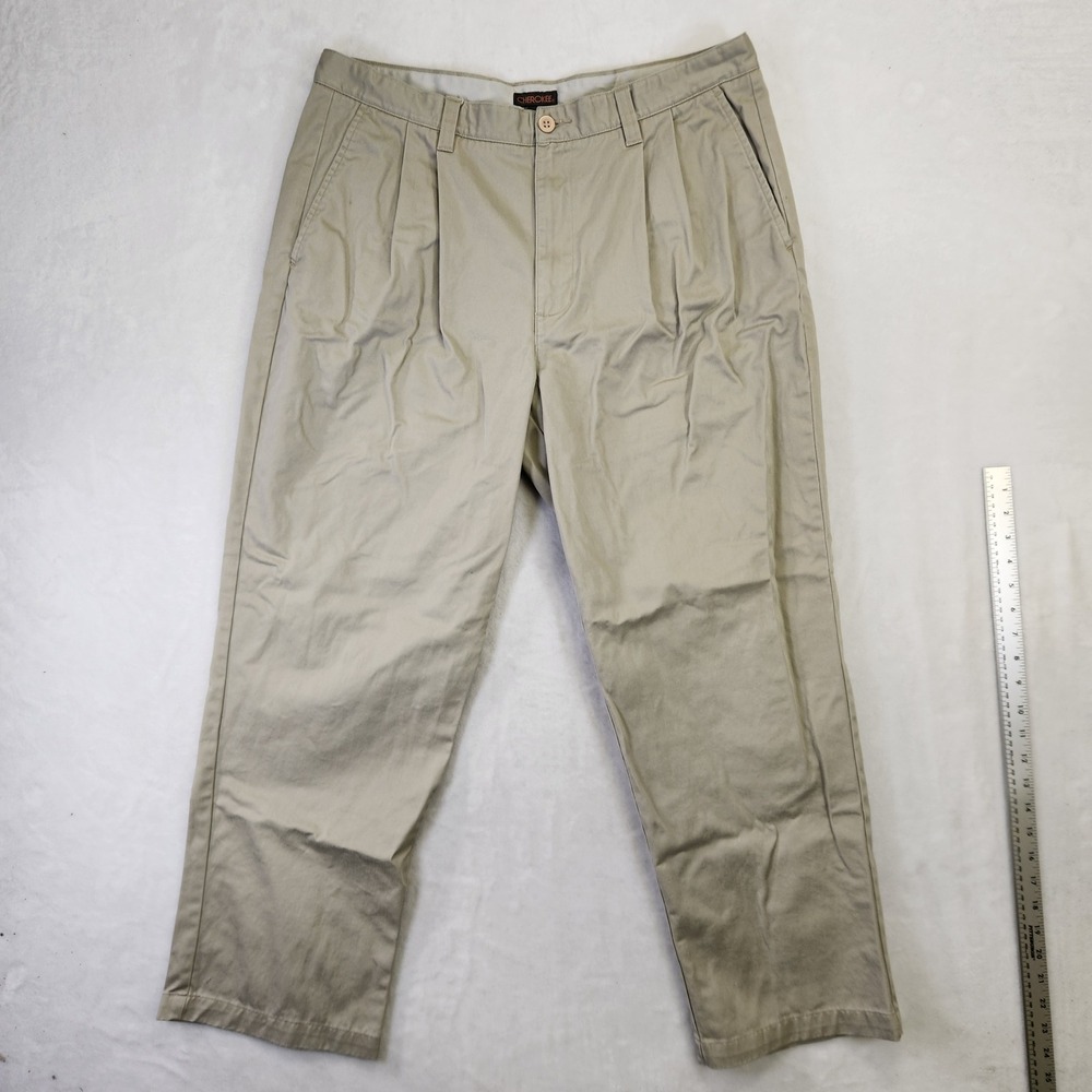 Cherokee Mens Pleated Chino Pants Khaki‎ Tan 100 Cotton 38x30 Business Casual